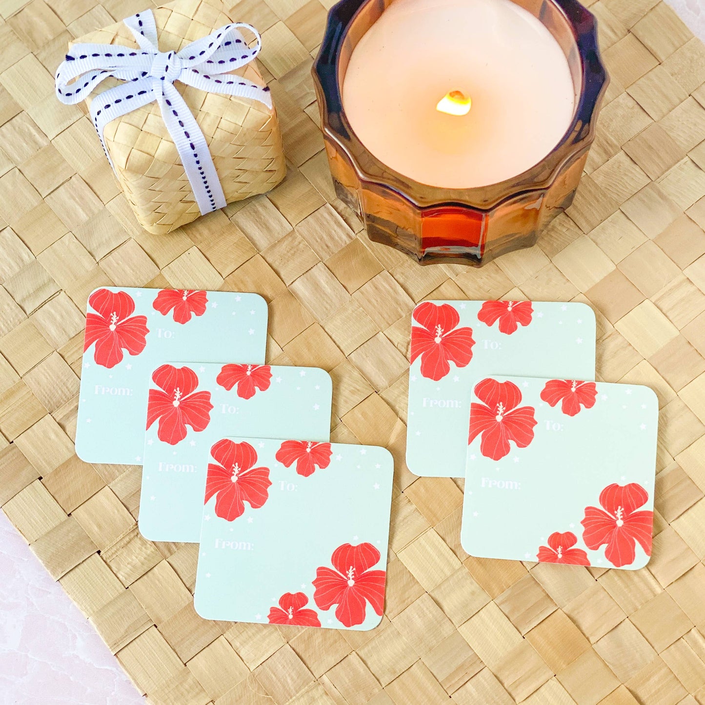 Red Hibiscus on Pale Green Gift Tag