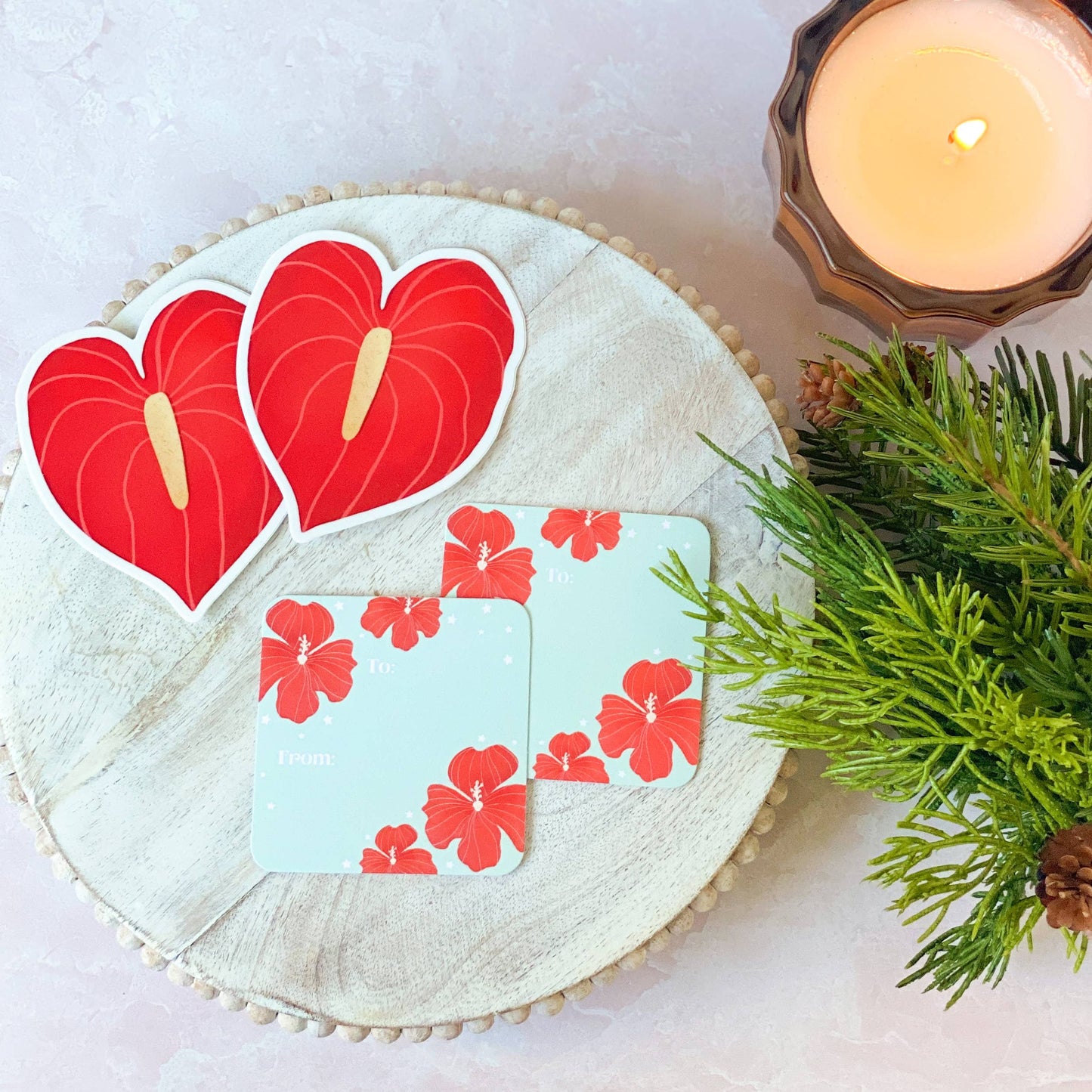 Red Hibiscus on Pale Green Gift Tag