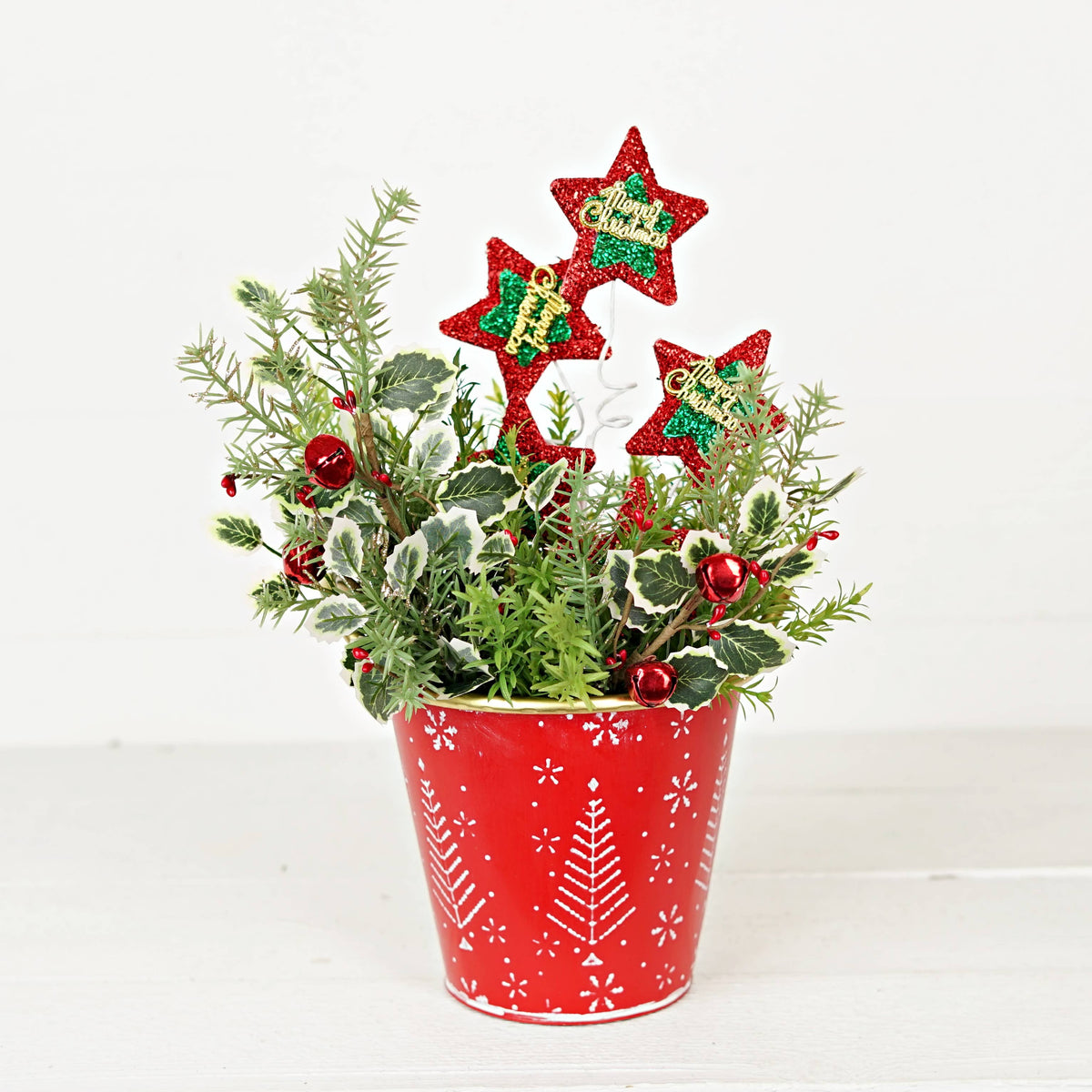 Red Nordic Holiday Metal Bucket with handles