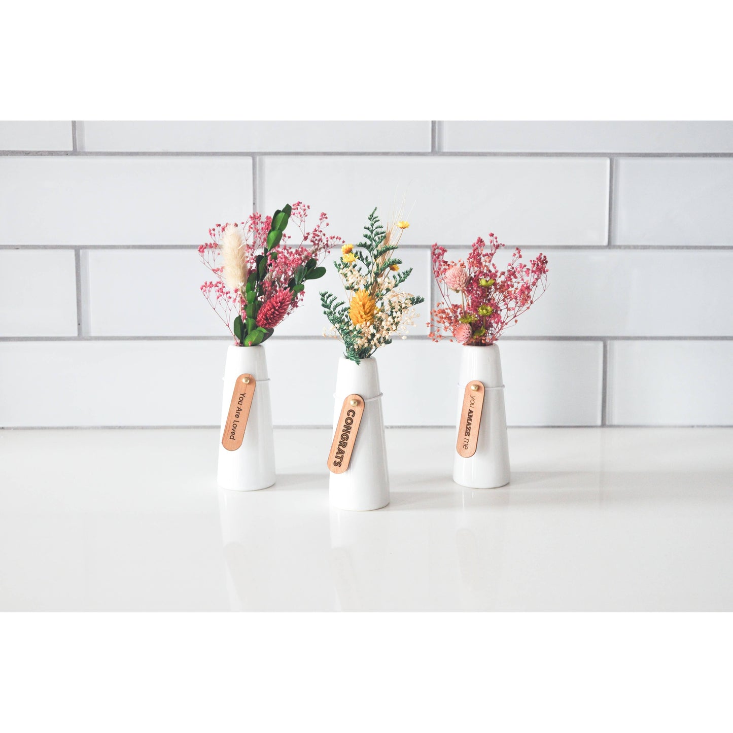 Mini Dried Floral Vases & Wood Gift Tag:  No boxes