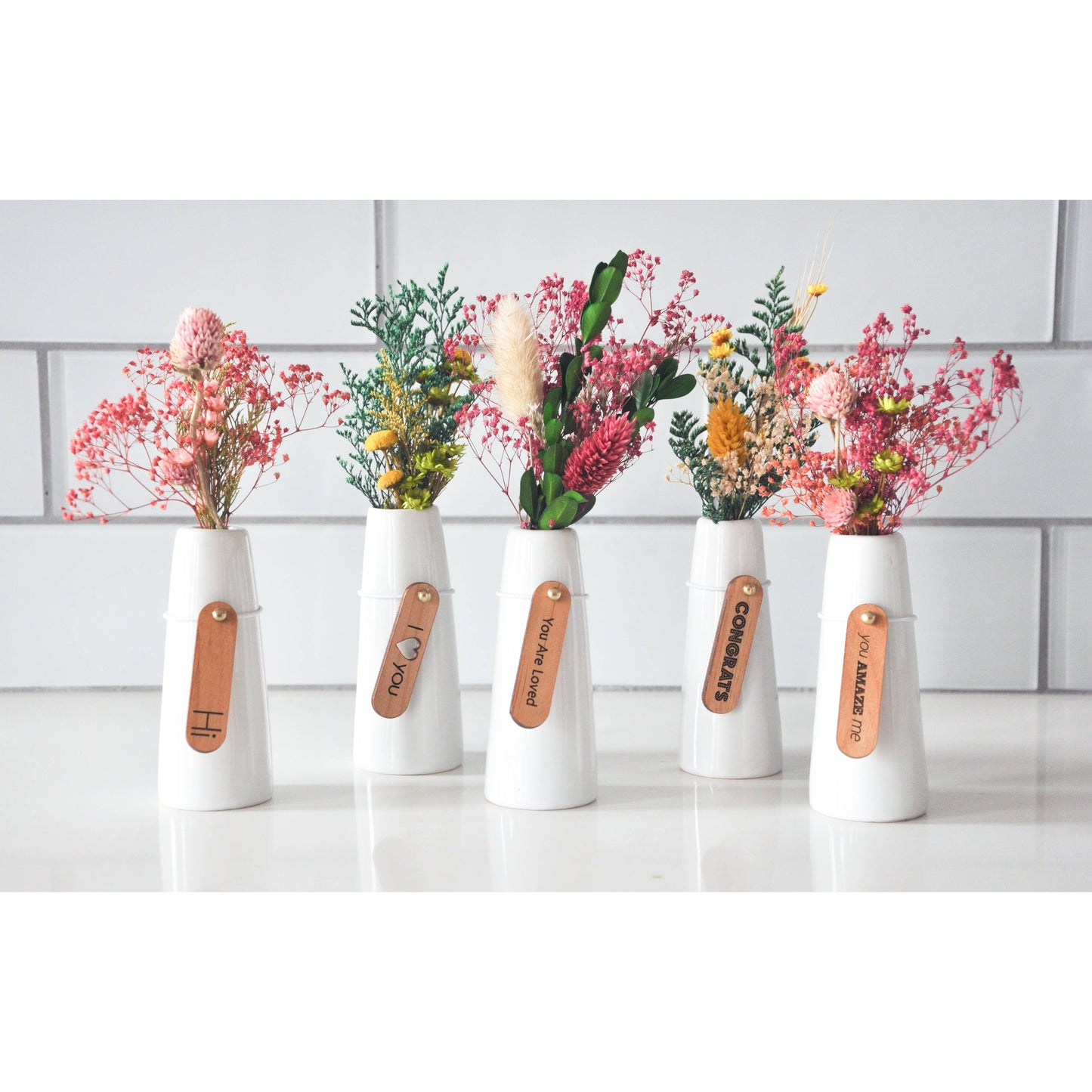 Mini Dried Floral Vases & Wood Gift Tag:  No boxes