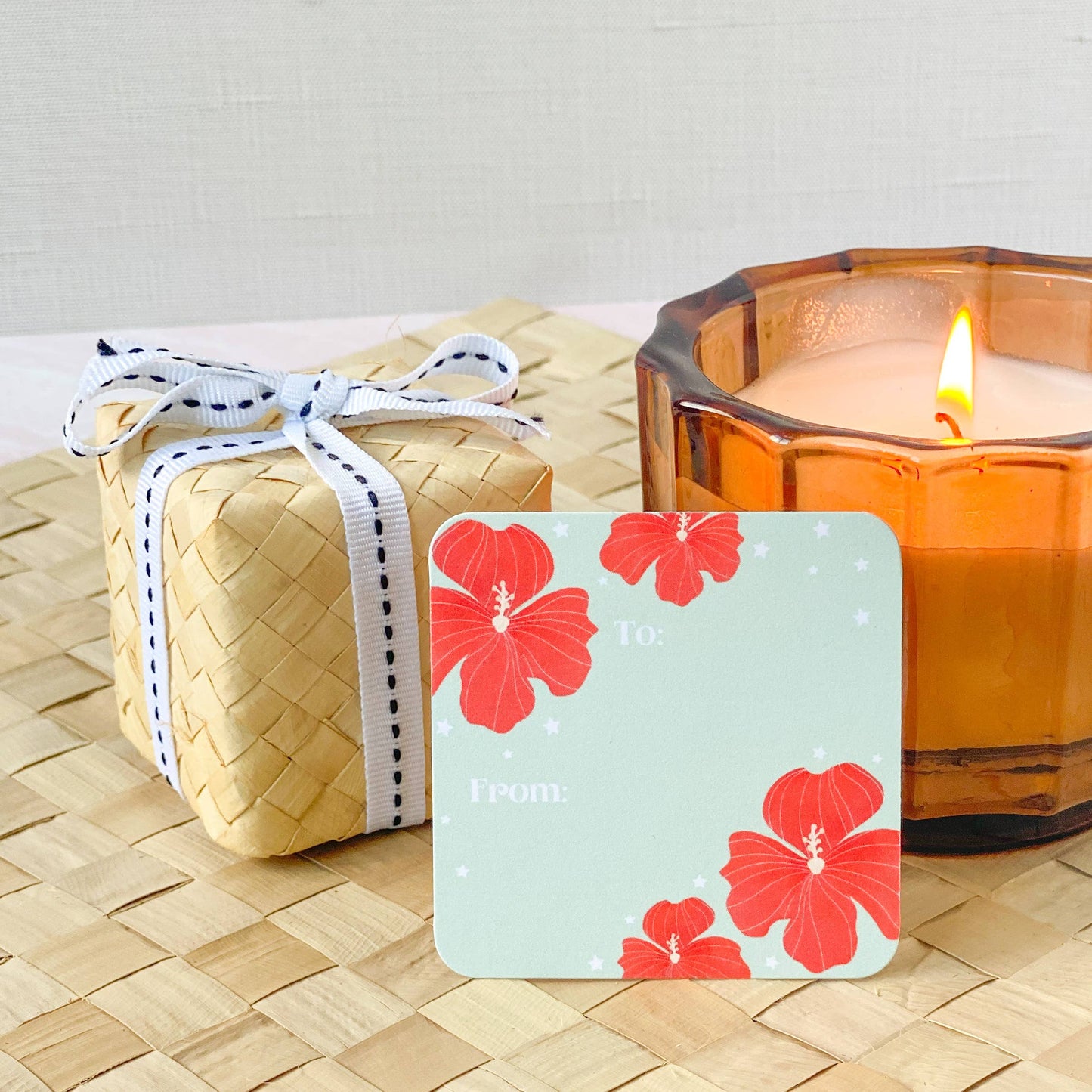Red Hibiscus on Pale Green Gift Tag