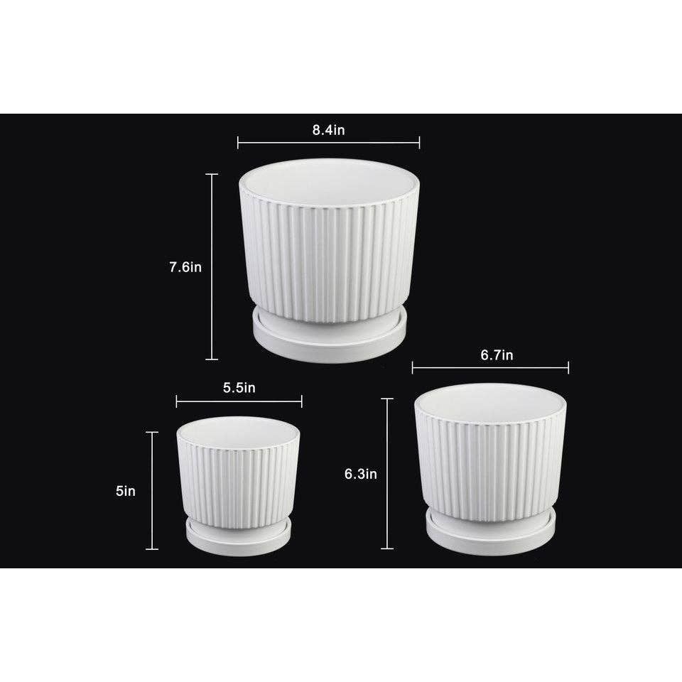 Ribbed White Ceramic Planters with Saucers
