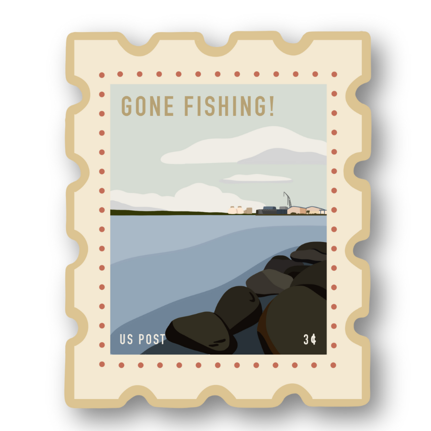 Gone Fishing Postage Stamp Sticker