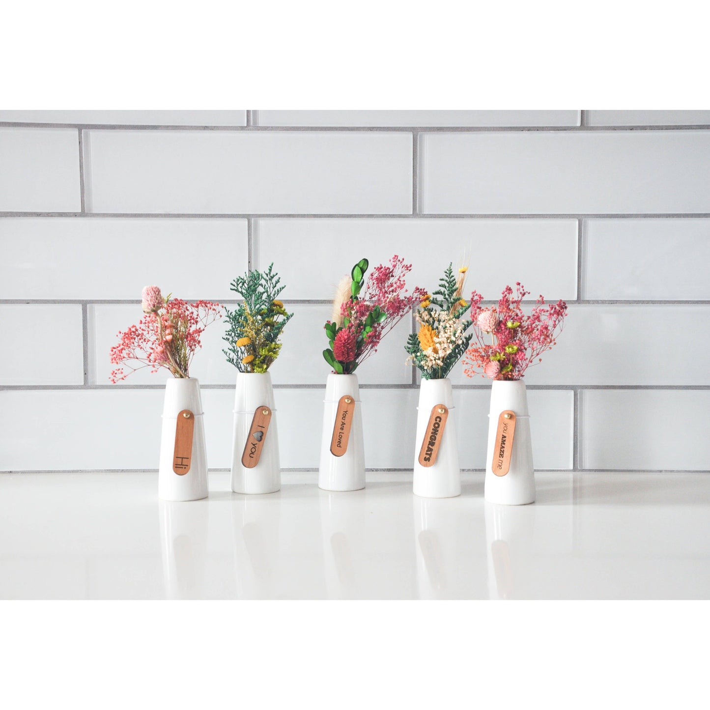 Mini Dried Floral Vases & Wood Gift Tag:  No boxes