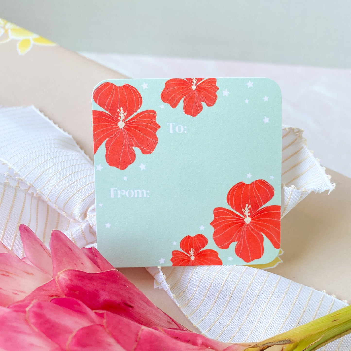 Red Hibiscus on Pale Green Gift Tag