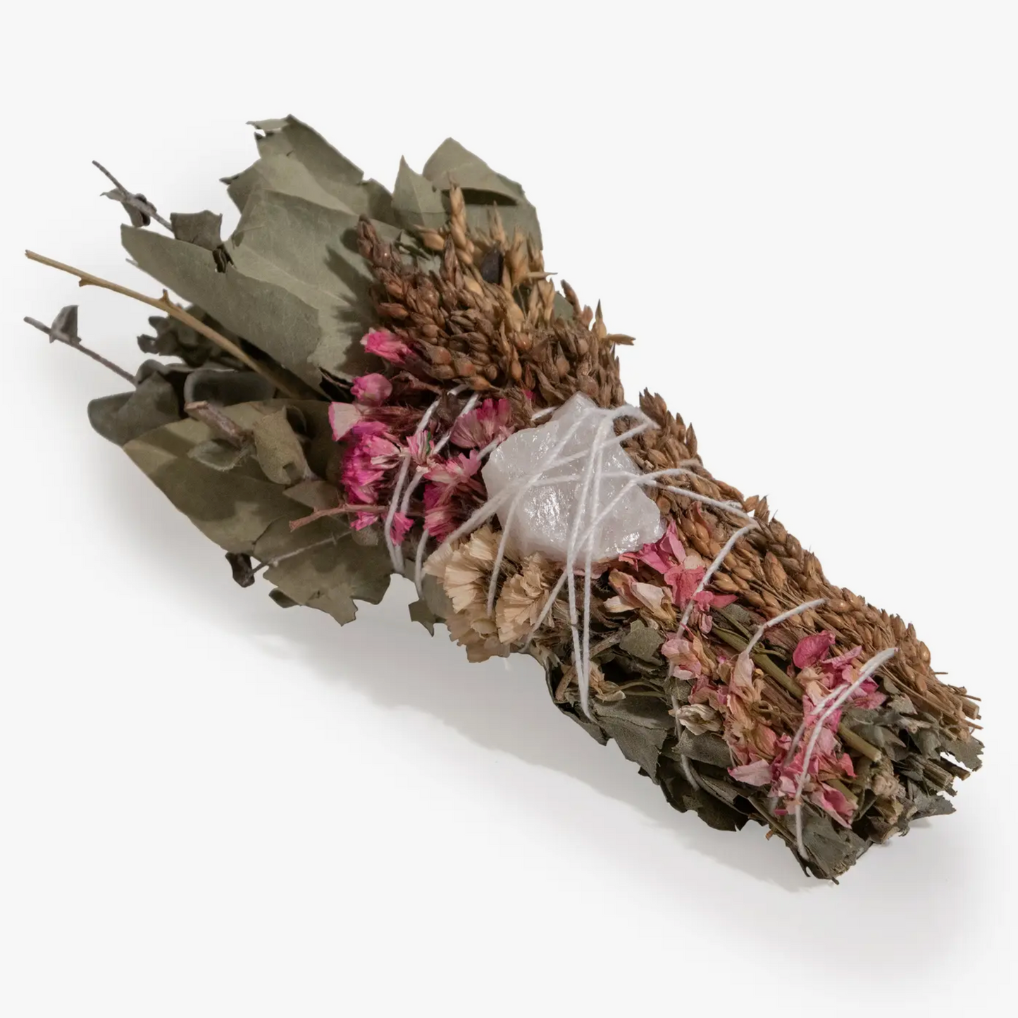 Pink Floral Smudge Bundle with Quartz Crystal