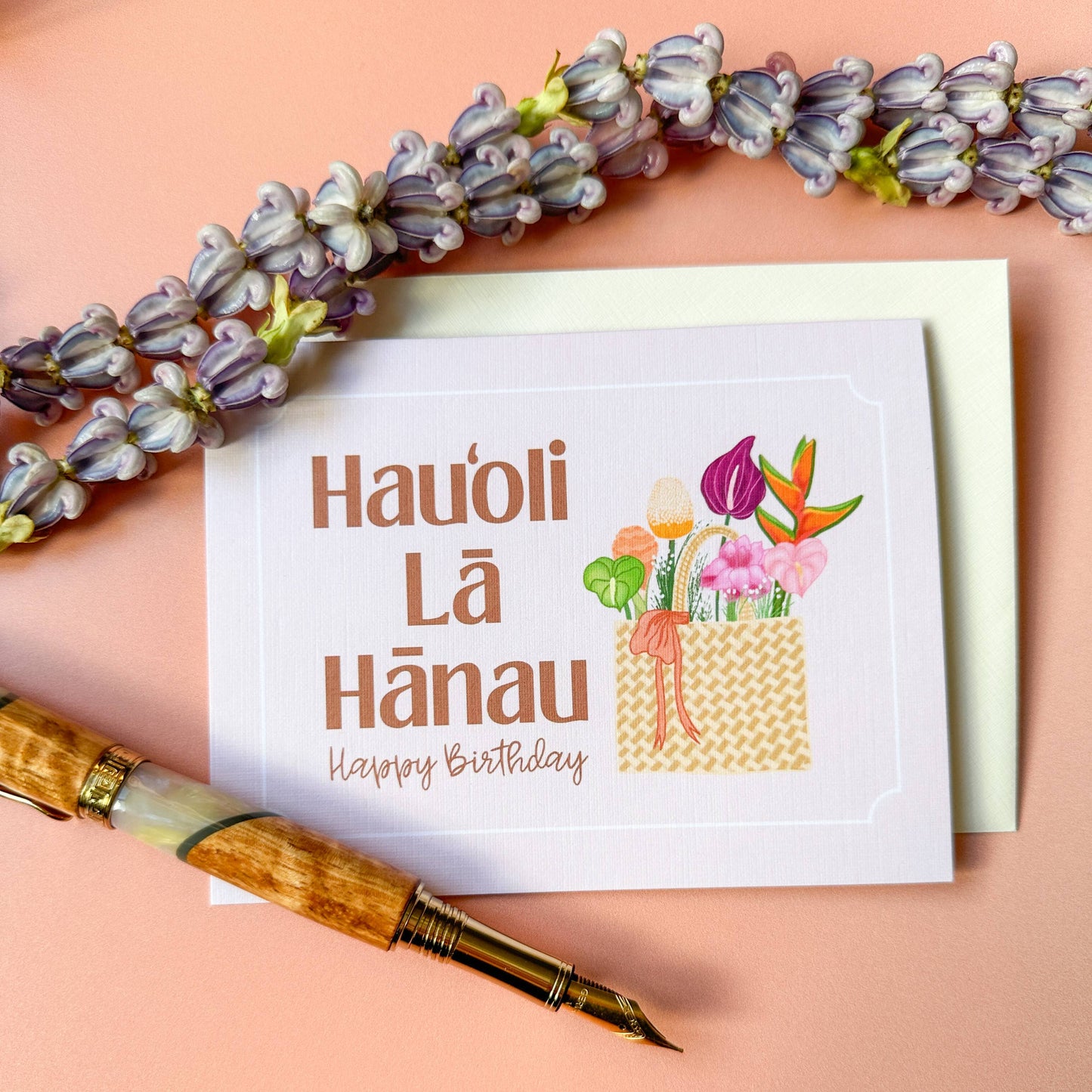 Lauhala Basket with Flowers - Birthday Card