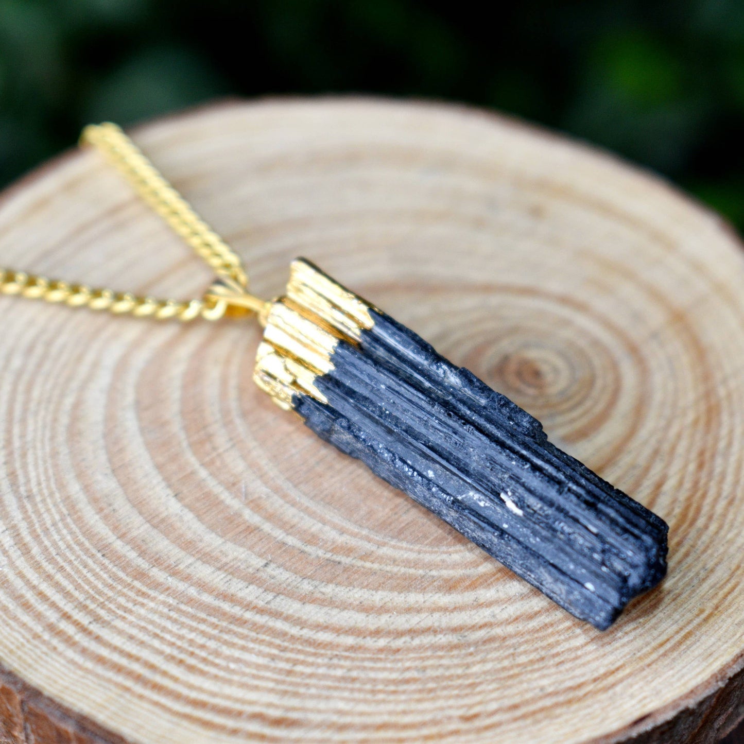 Black Tourmaline Rough Stone Pendant - Electroplated Golden