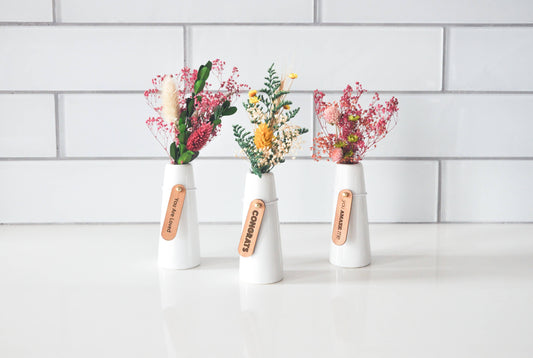 Mini Dried Floral Vases & Wood Gift Tag:  No boxes