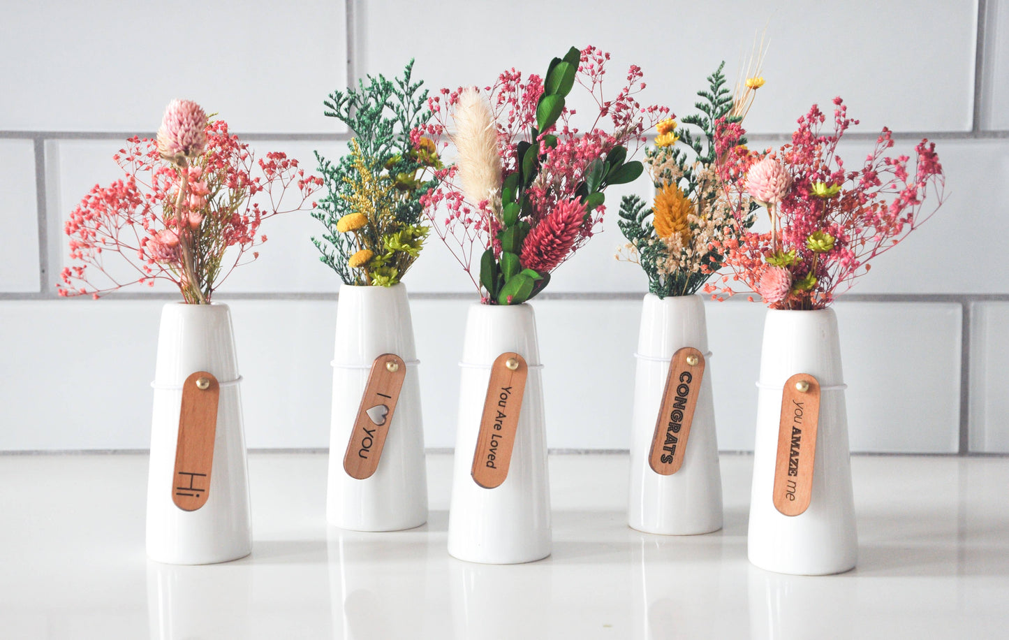 Mini Dried Floral Vases & Wood Gift Tag:  No boxes