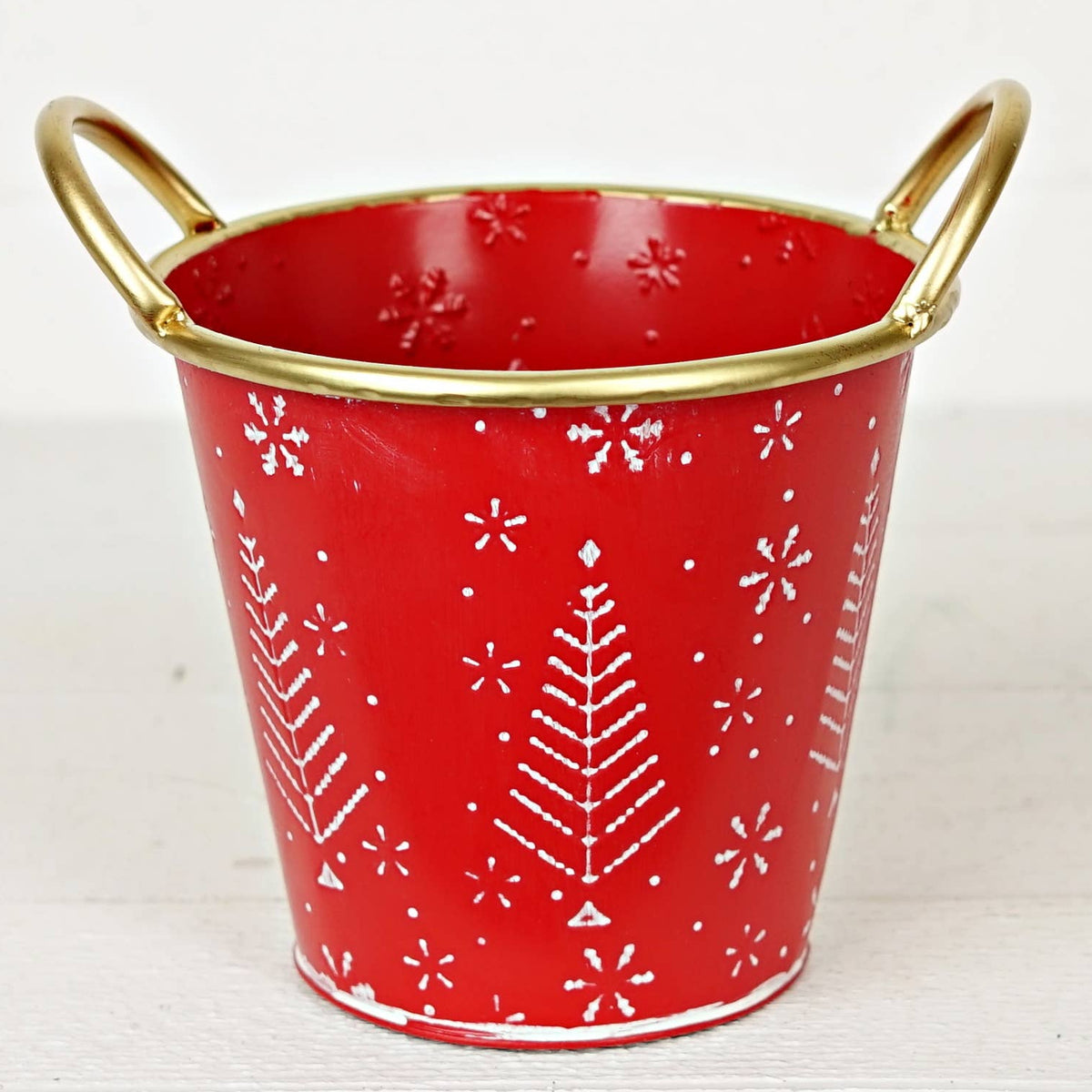 Red Nordic Holiday Metal Bucket with handles