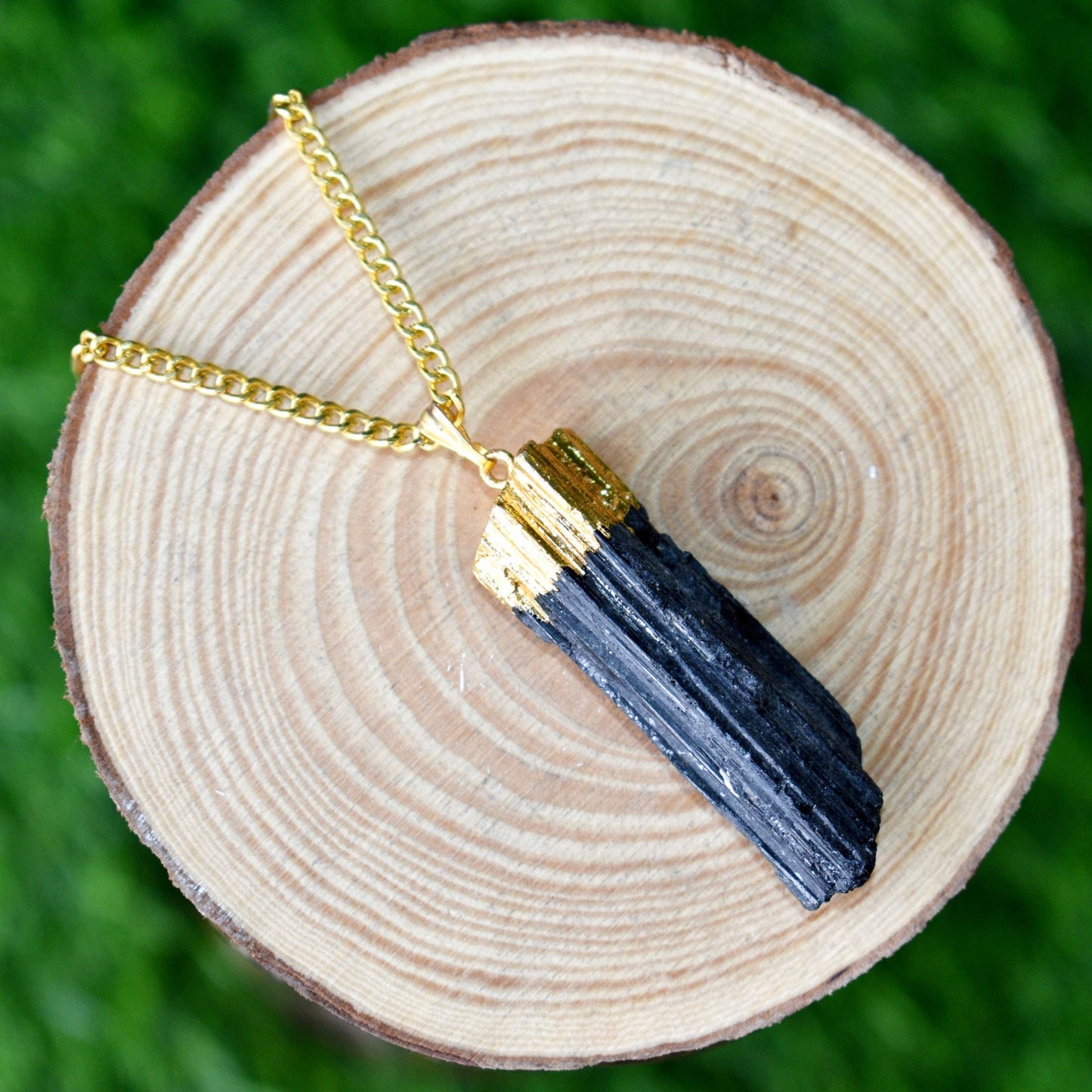 Black Tourmaline Rough Stone Pendant - Electroplated Golden