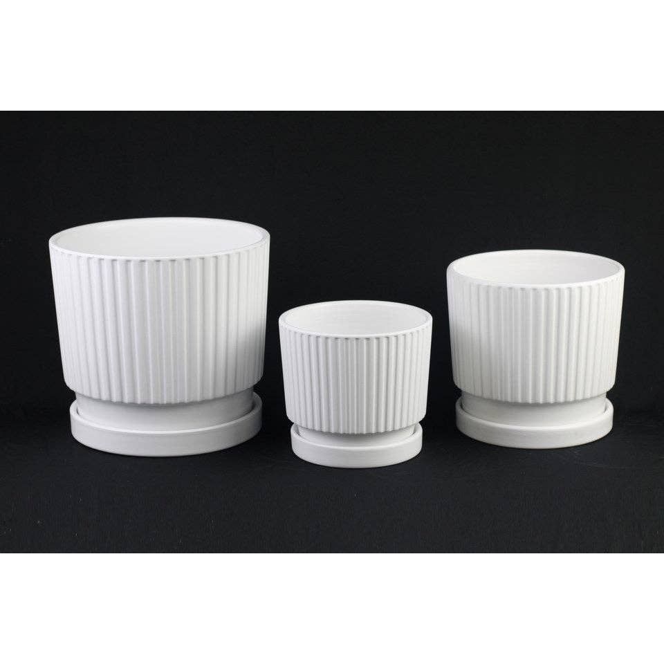 Ribbed White Ceramic Planters with Saucers