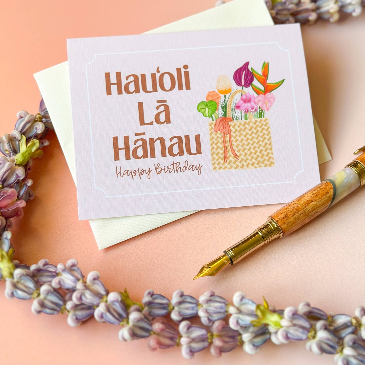 Lauhala Basket with Flowers - Birthday Card