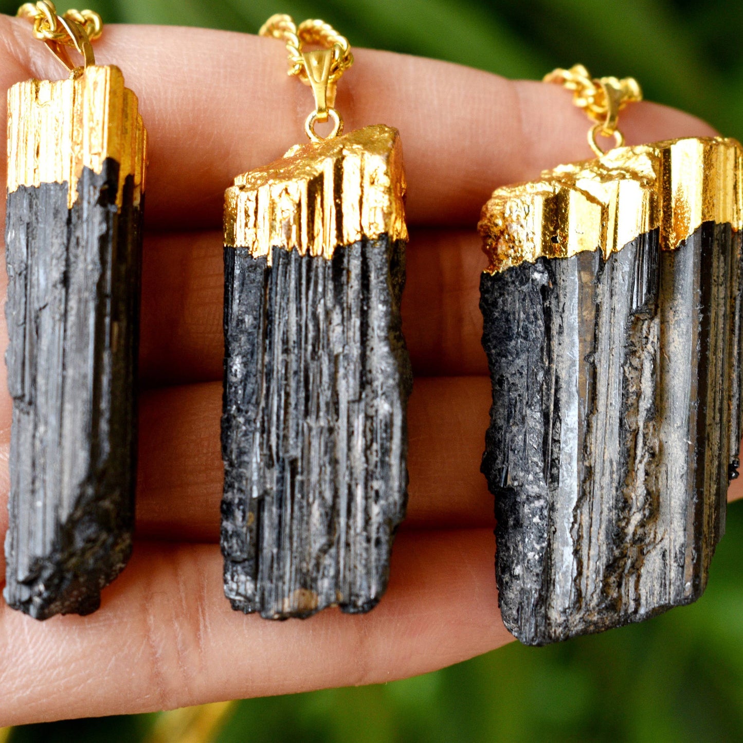 Black Tourmaline Rough Stone Pendant - Electroplated Golden