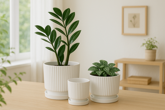 Ribbed White Ceramic Planters with Saucers