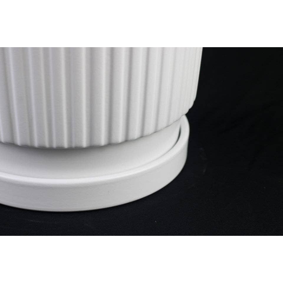 Ribbed White Ceramic Planters with Saucers