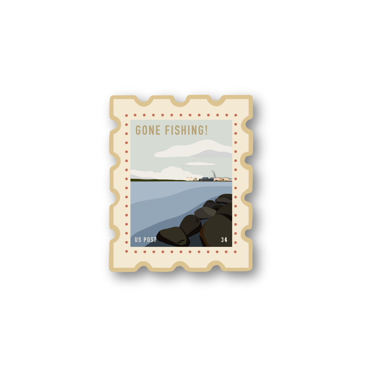Gone Fishing Postage Stamp Sticker