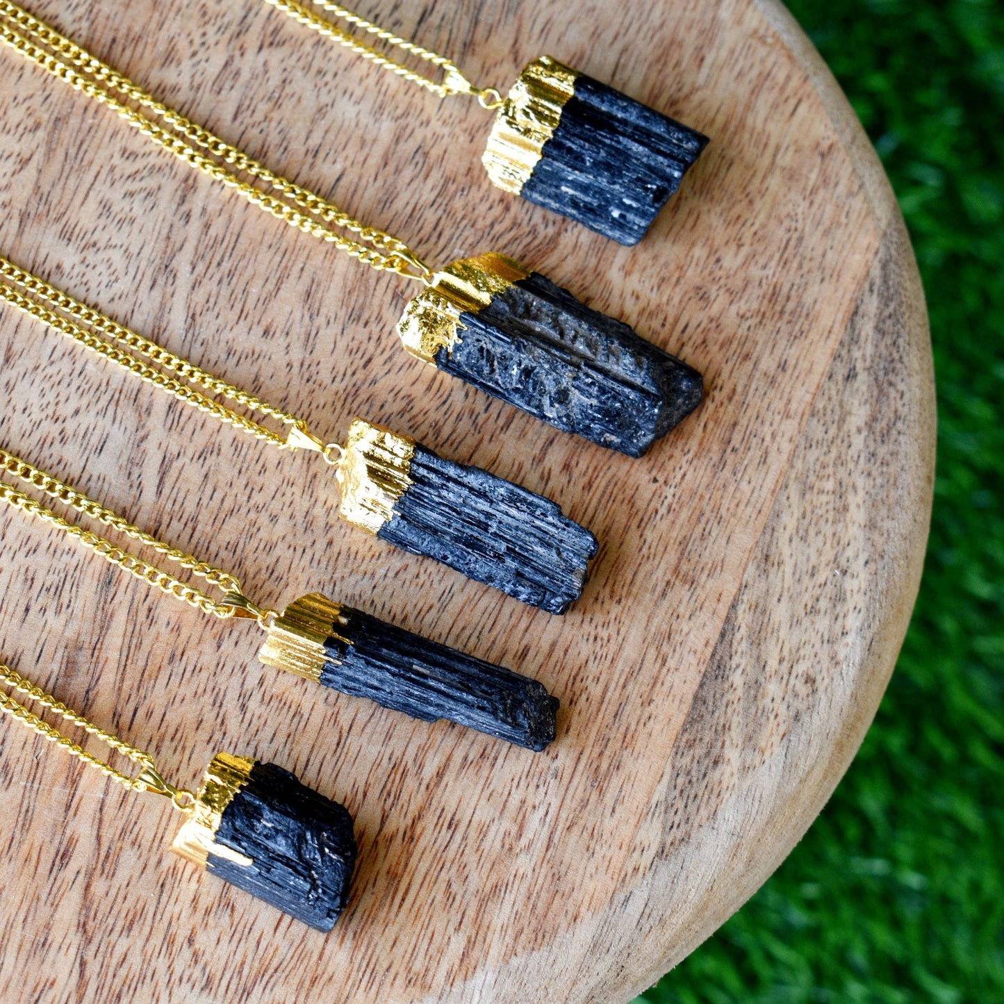 Black Tourmaline Rough Stone Pendant - Electroplated Golden