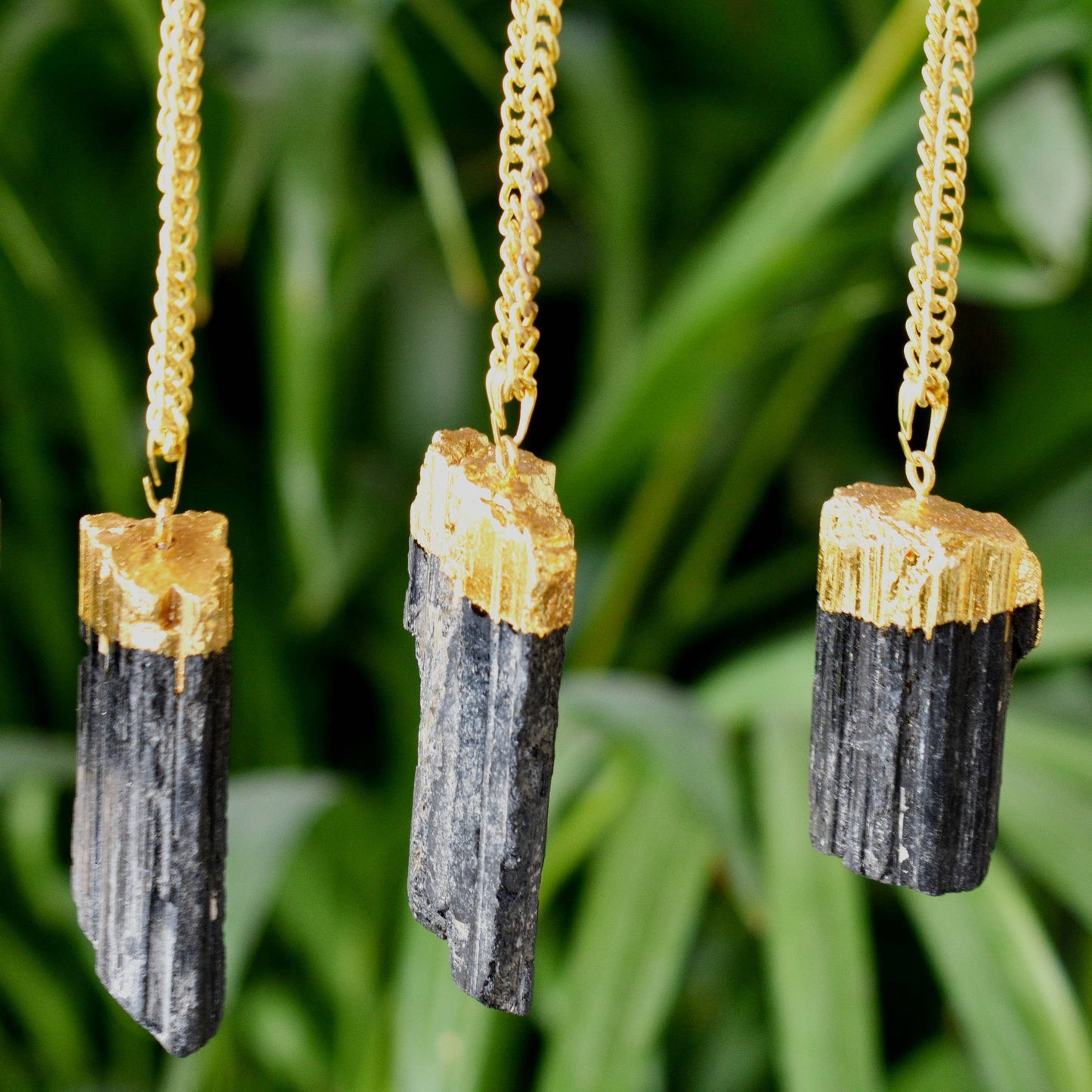 Black Tourmaline Rough Stone Pendant - Electroplated Golden