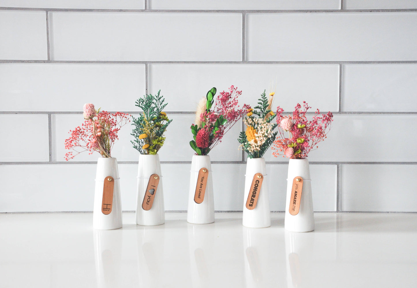 Mini Dried Floral Vases & Wood Gift Tag:  No boxes