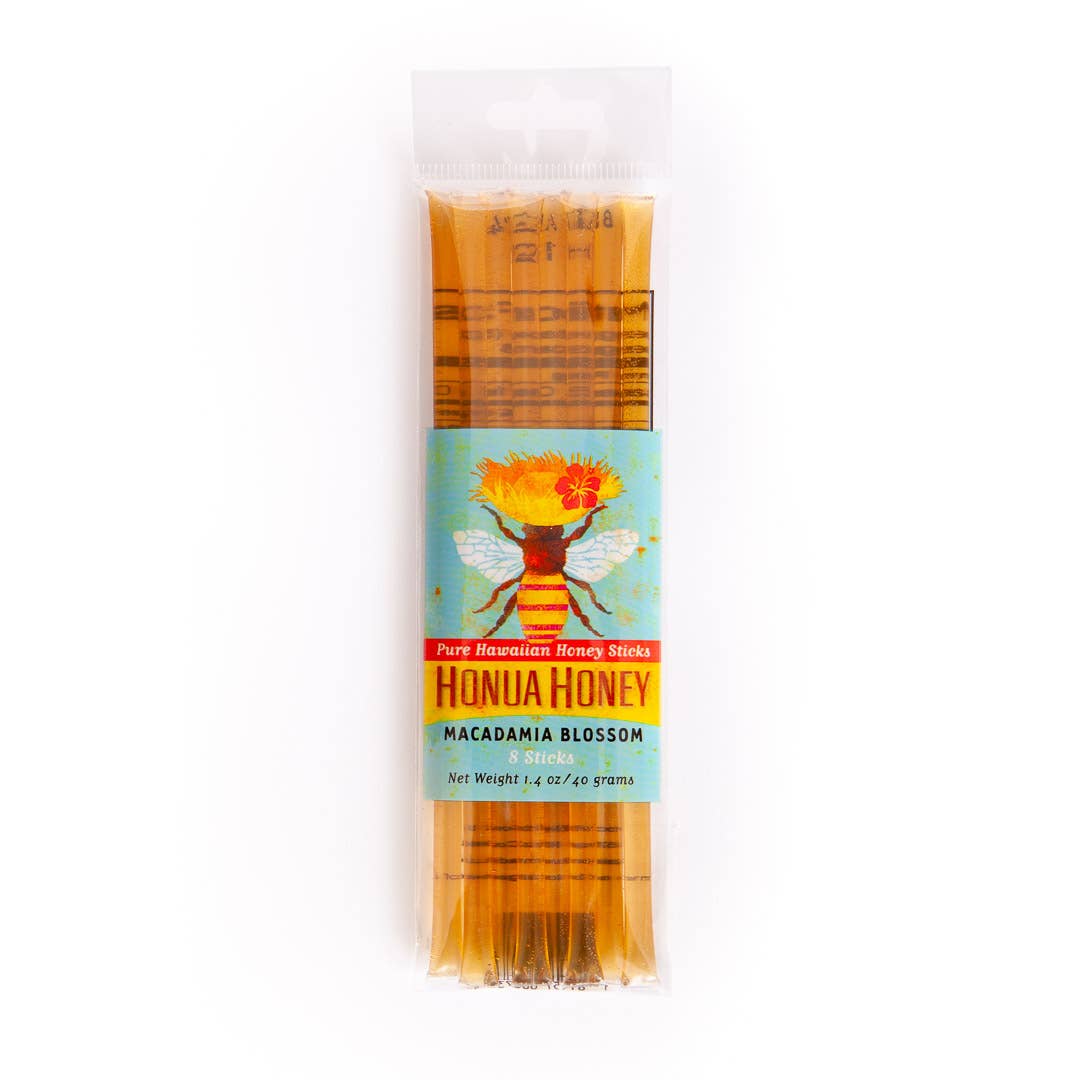 Resealable eight-pack honey sticks with Macadamia Nut honey.