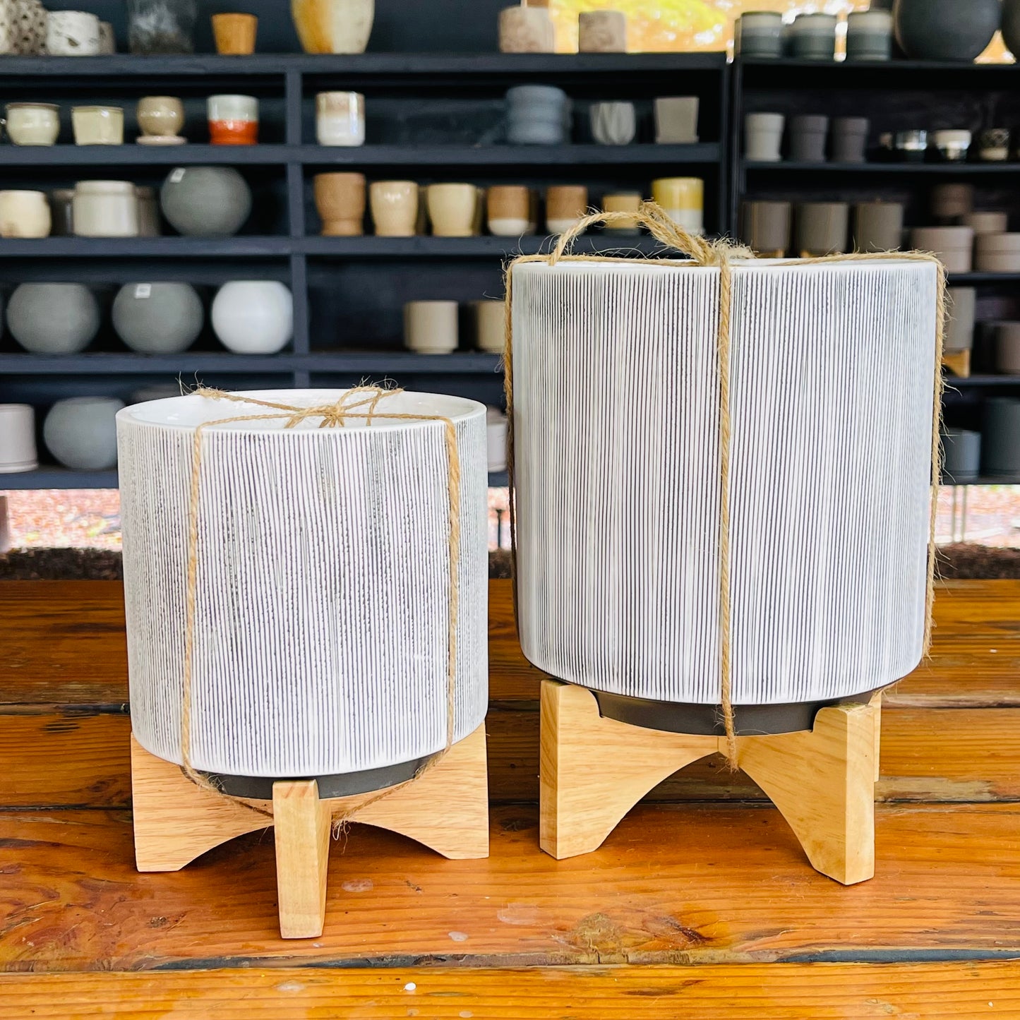 Black Stripped Pot with Wood Stand