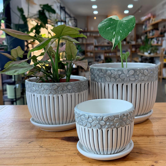 Blue Striped Flower Ceramic Planter