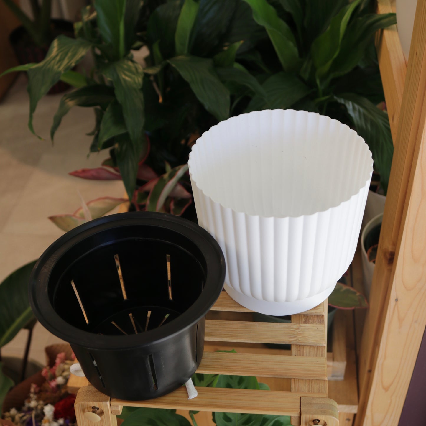 Ribbed Black and White Self Watering Planter with Wick