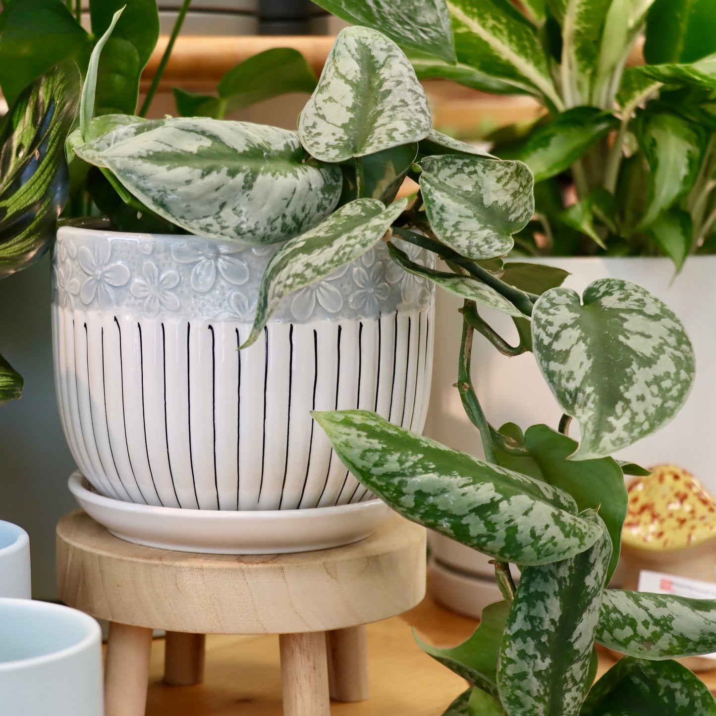 Blue Striped Flower Ceramic Planter
