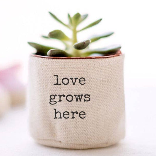 Love grows here 2" Canvas Plant Pot Cover