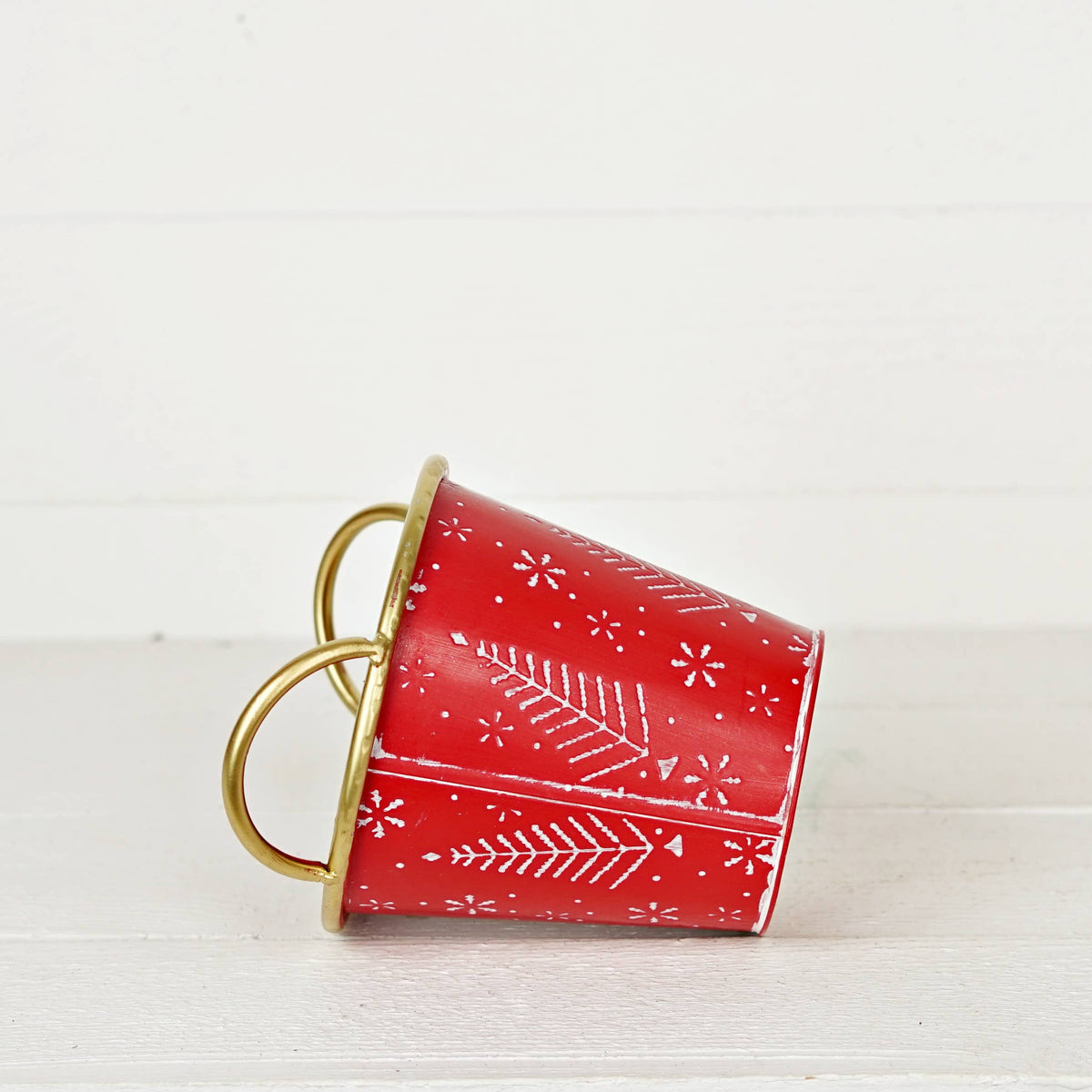 Red Nordic Holiday Metal Bucket with handles