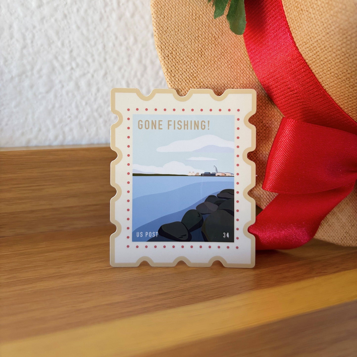 Gone Fishing Postage Stamp Sticker