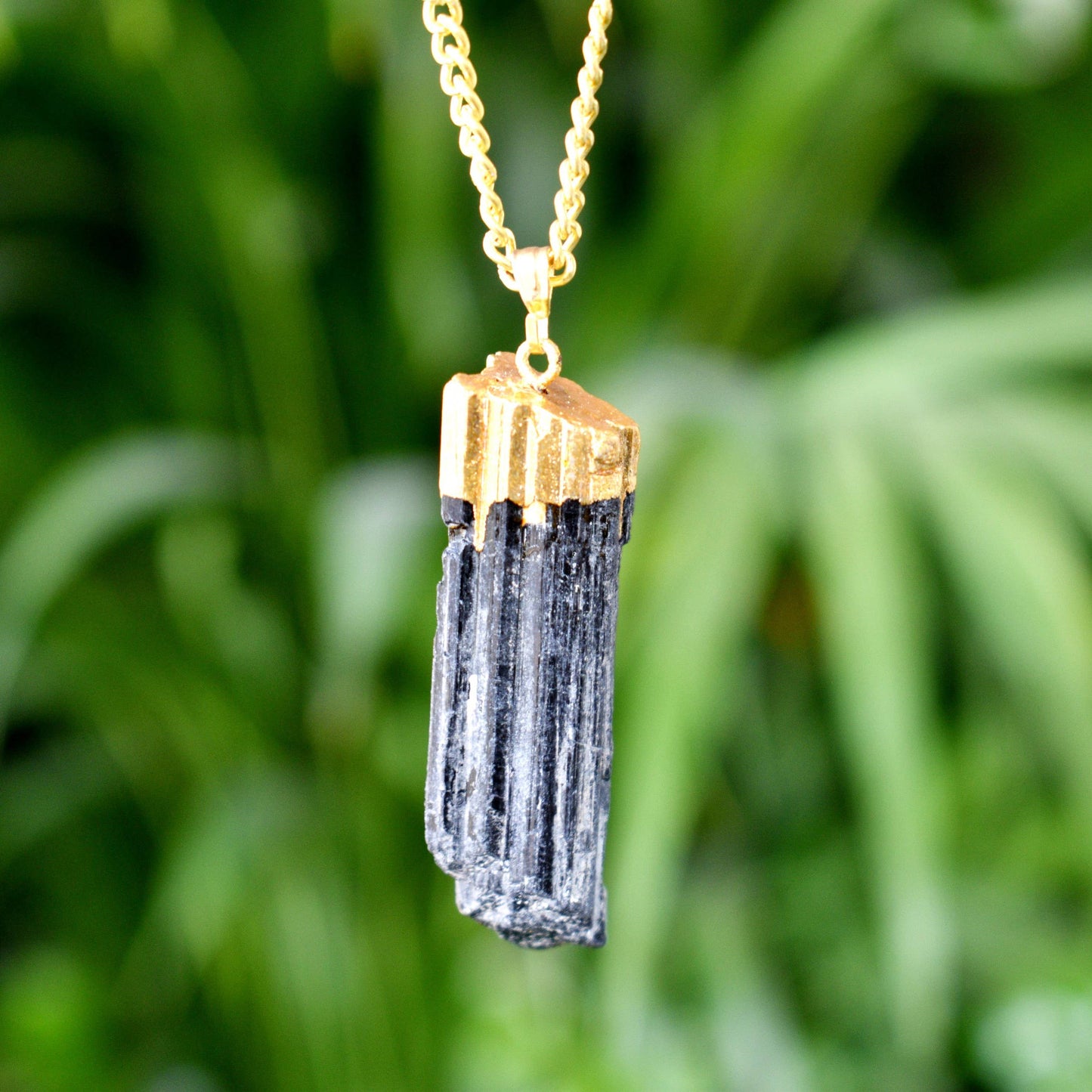 Black Tourmaline Rough Stone Pendant - Electroplated Golden