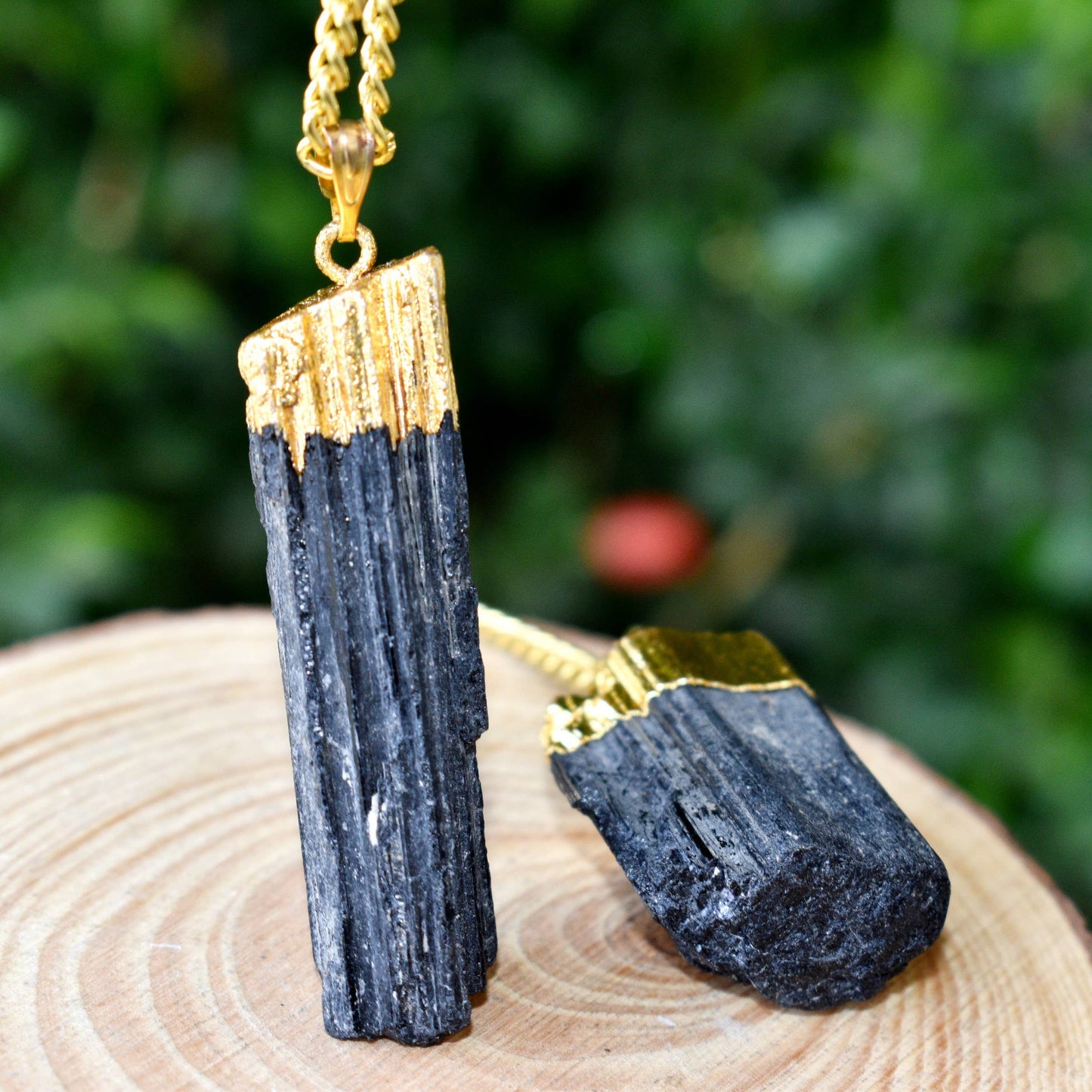 Black Tourmaline Rough Stone Pendant - Electroplated Golden