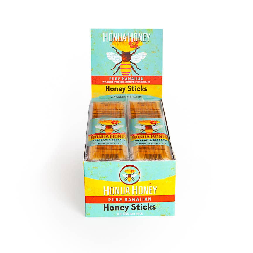 Resealable eight-pack honey sticks with Macadamia Nut honey.