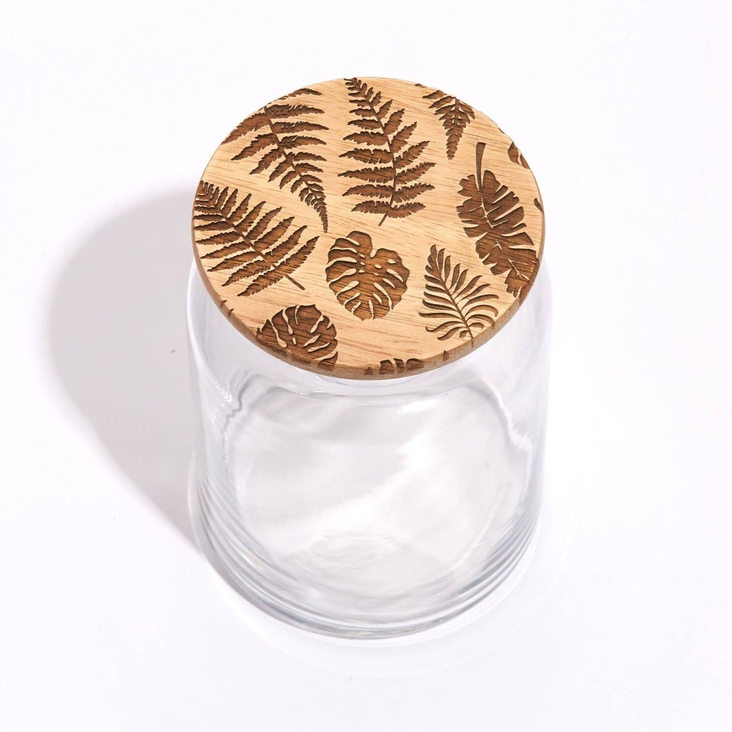 Tropical Leaves Wood Lid Glass Jar