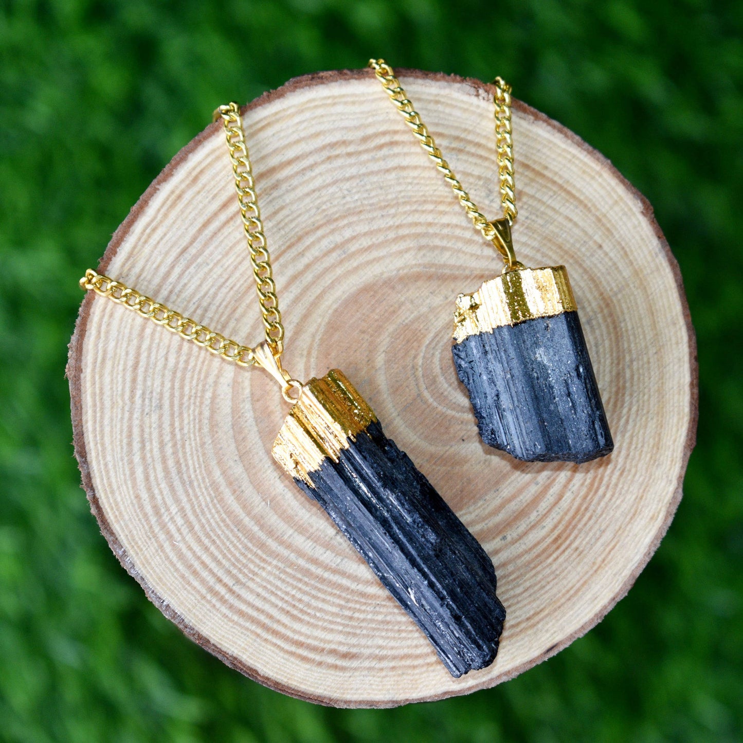 Black Tourmaline Rough Stone Pendant - Electroplated Golden